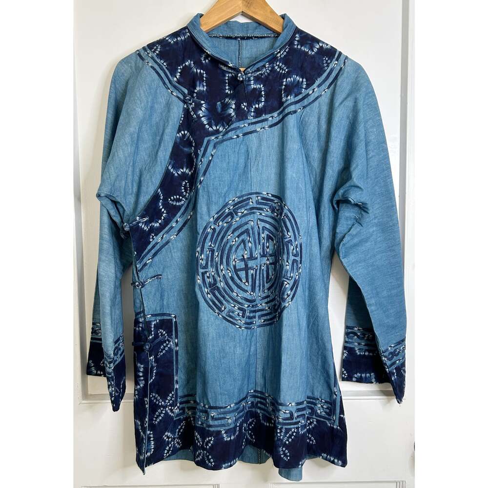 Women's Blue Jacket/ Shirt in a Batik Style Design Size L